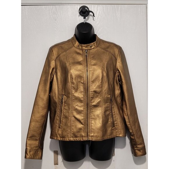 Baccini Metallic Gold Faux Leather Biker Motorcycle Bomber Jacket Women Sz M - Picture 1 of 12